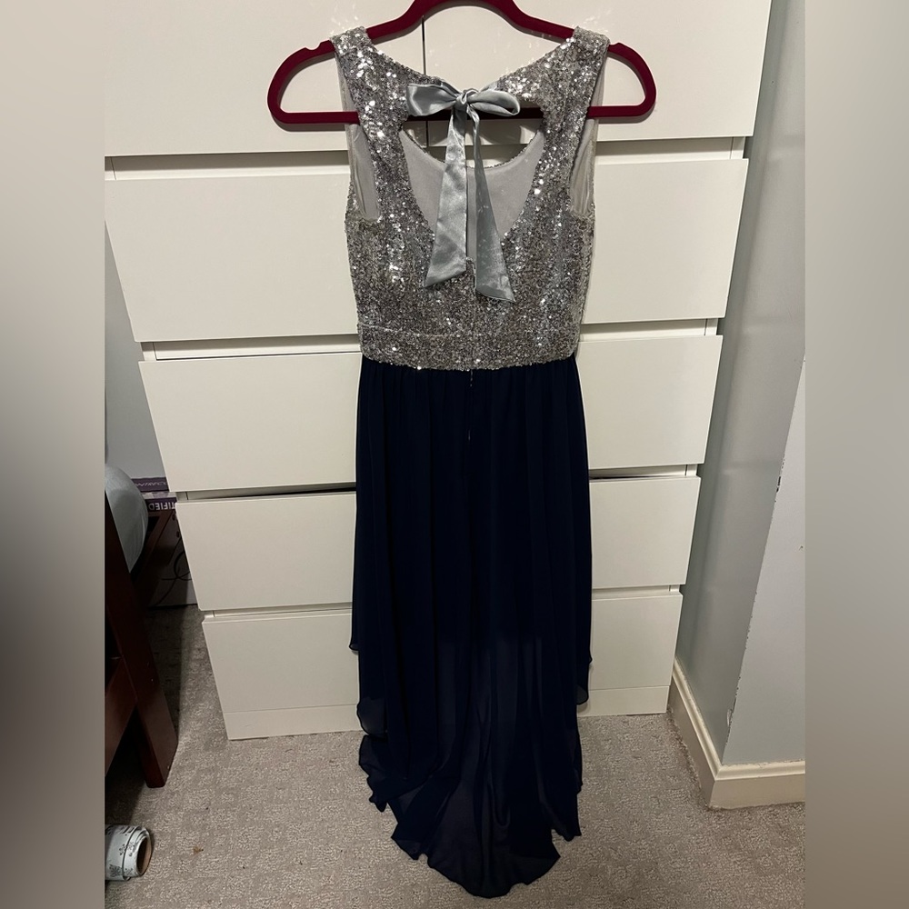 Silver sequin and navy high low dress